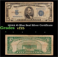 1934A $5 Blue Seal Silver Certificate Grades vf+