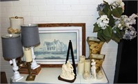 Cottage/Shabby Chic Decor Lot w Lamps, Print, Vase