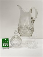 Heavy Glass Etched Pitcher with Cut Glass Candy
