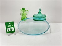 Uranium Glass Lidded Dish with Green Glass Angel