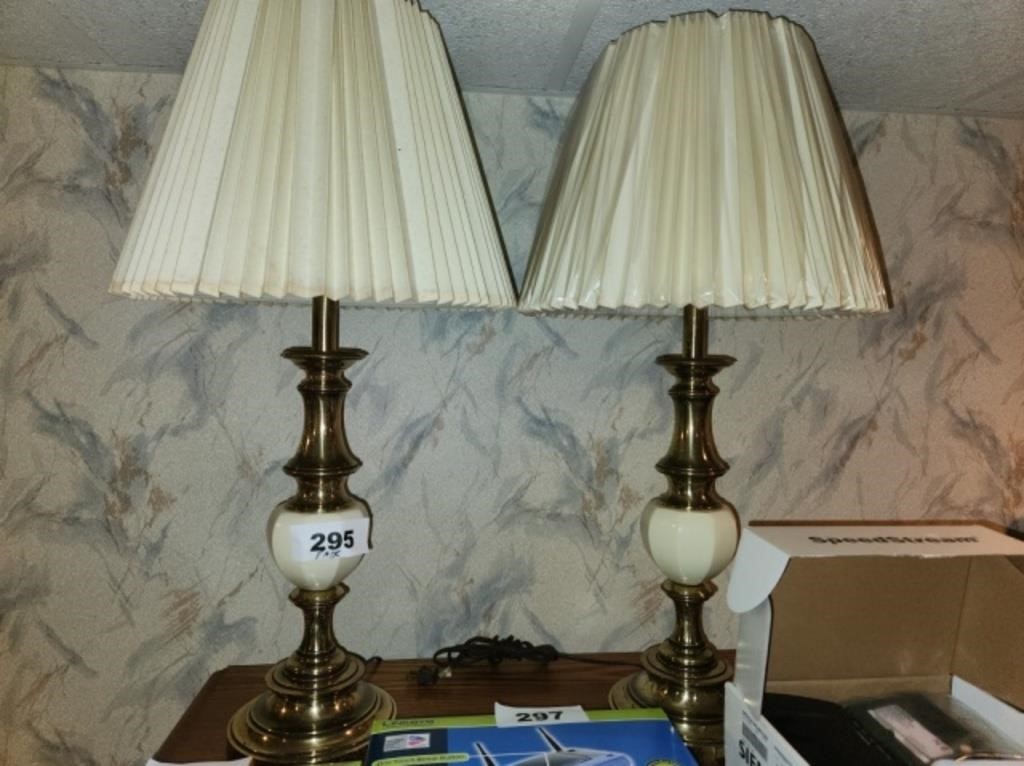 PAIR BRASS COLORED TABLE LAMPS WITH SHADES