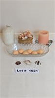 VINTAGE INDIANA  GLASS DISH, CANDLES AND SHELL SHA