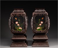 Qing Dynasty red sandalwood palace lamp pair
