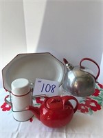 Red & white enamel platter; Hall Teapot