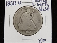 1858 O SEATED LIBERTY HALF DOLLAR 90%