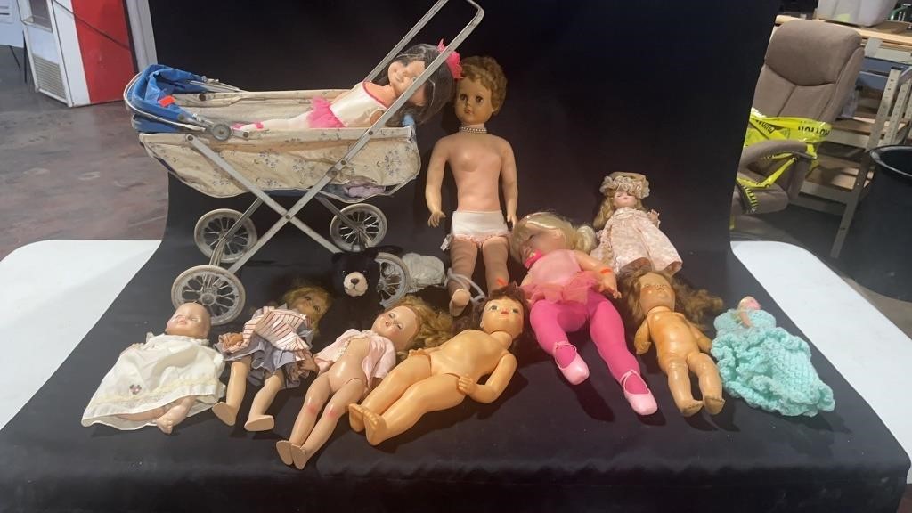 Dolls and Vintage Stroller (SOME DOLLS BROKEN)