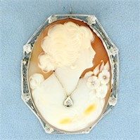 Vintage Diamond Filigree Cameo Pendant In 14K Whit