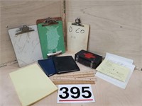 clip board, rulers, paper, metal box