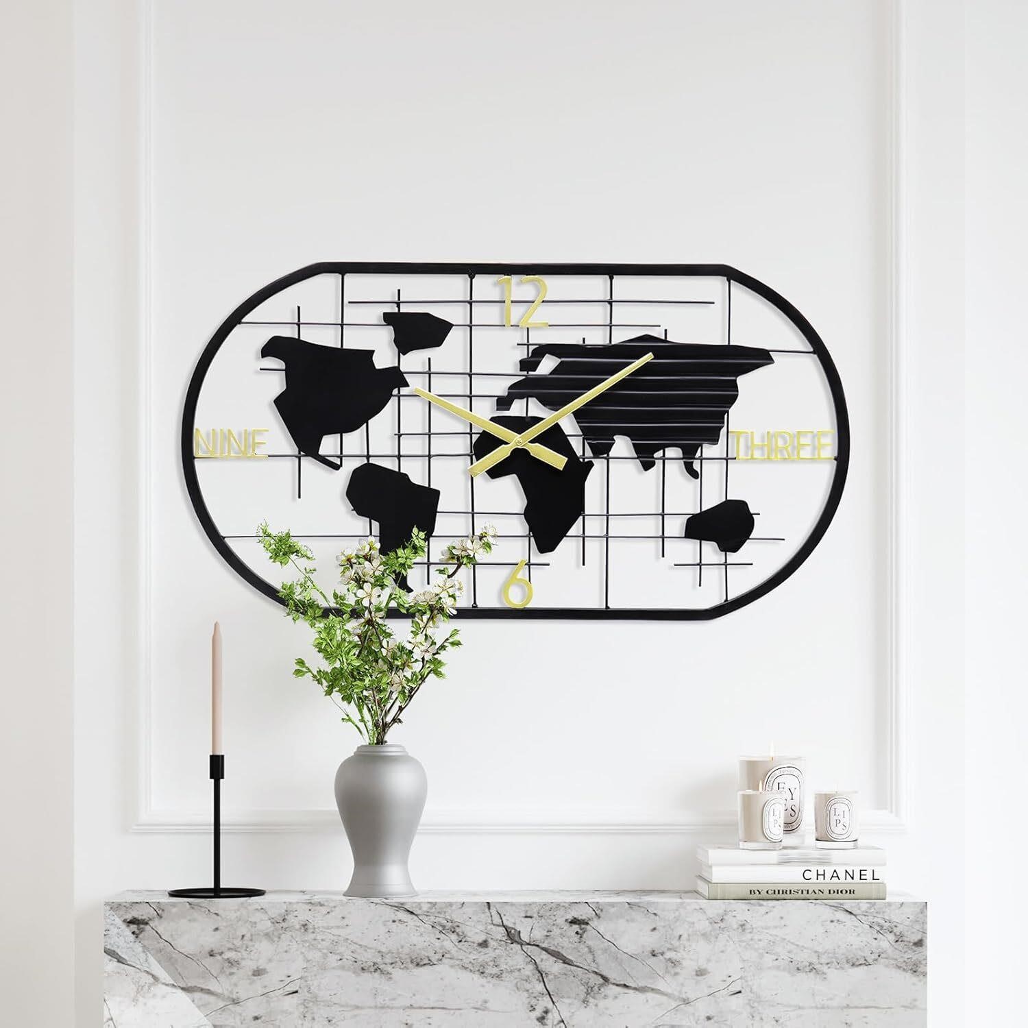 Large World Map Wall Clock  Oversize Minimalist Mo