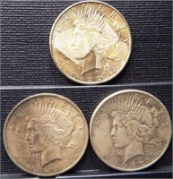 (3) 1922 Peace Silver Dollar Coins