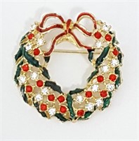 Bright Coloured Christmas Wreath Brooch 1.6" Diam