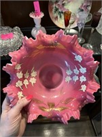 ANTIQUE PINK ART GLASS BOWL HAND PAINTED ENAMELING