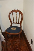 Wooden Chair with Embroidered Blue Seat