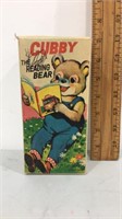 Vintage Cubby the reading bear, mechanical tin