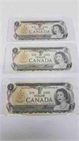 3 1973 CANADIAN ONE DOLLAR BILLS