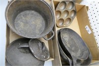 2 boxes cast iron pans and lids