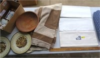 3 sheets, wood bowls, brass plates, misc.