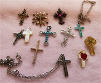 12 ASSORT vtg RELIGIOUS MEDIUM CROSSES, CHAINS,PIN