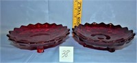 2 red glass diamond pattern footed dishes