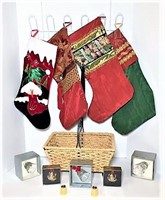 Basket of Designer Christmas Ornaments & Stockings