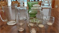 Glass jars, vase, pitcher & candle holders