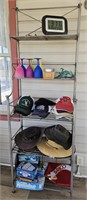 Metal shelf and all contents. Games, hats,