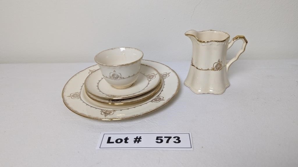 CROOKSVILLE CHINA CREAMER, TEA CUP, SAUCER, DESERT