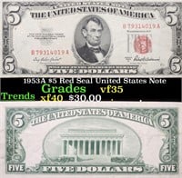 1953A $5 Red Seal United States Note Grades vf++