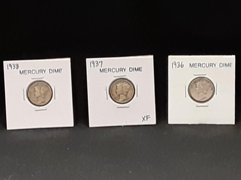 1936, 1937 & 1938 Mercury Dimes