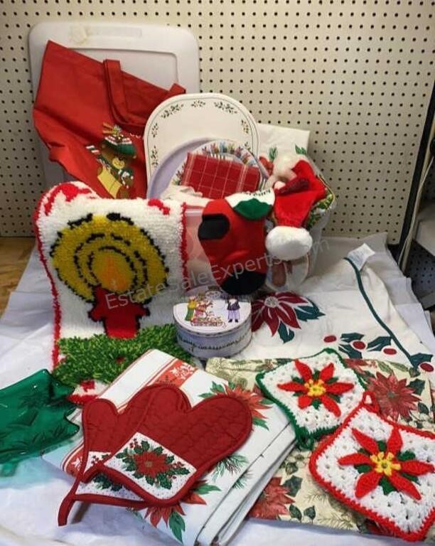Tote of Christmas Decor Table Cloths & More