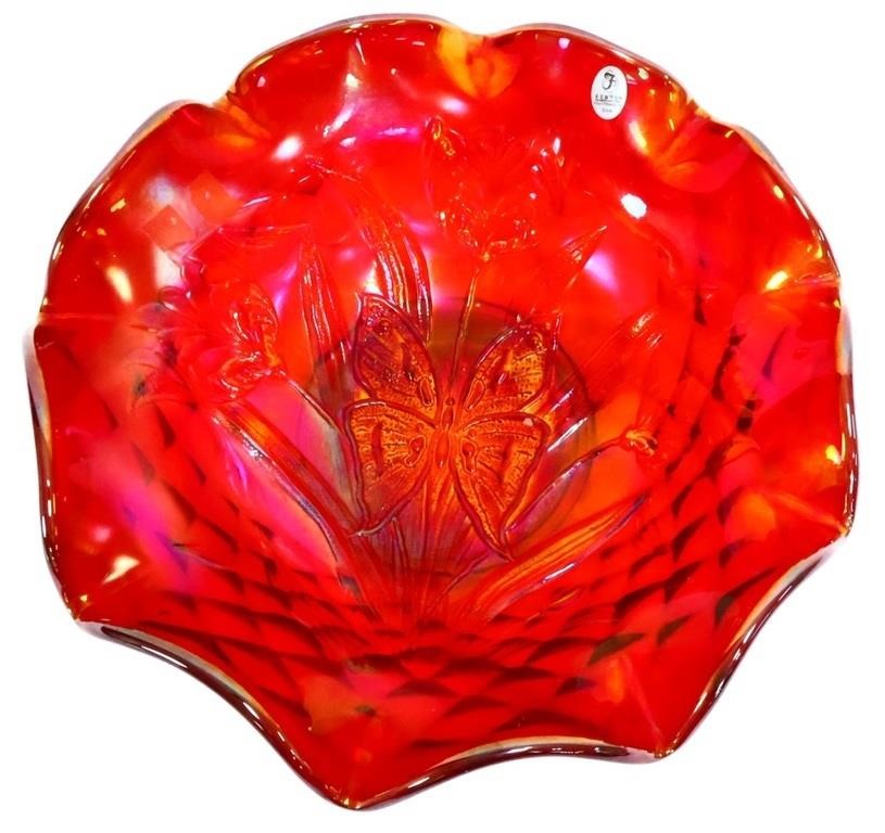 Fenton red carnival butterfly bowl