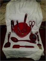 Red Plastic Bowl and Lot of Kitchenaid Utensils