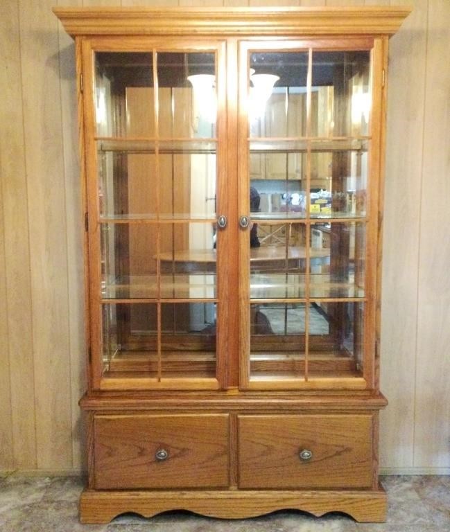 Oak China Cabinet, Illuminated with Glass Shelves