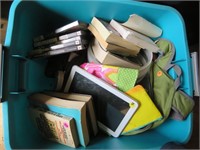 4 TOTES OF MISC - BOOKS, BACKPACKS, CANDLES, HATS,