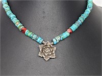 .925 Sterling Silver Rose Pend & Turquoise Necklac