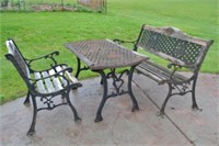 Bench, Table, Side Chair  Wrought Iron in-lays,