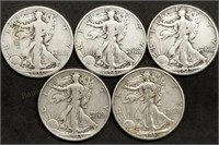 5 Nice Walking Liberty Silver Half Dollars