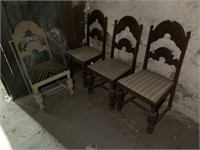 4 MATCHING CARVED BACK WOOD CHAIRS, ONE PAINTED