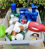 Lawn and garden supplies in plastic tote