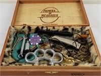 Lined Cigar Box W/ Jewelry, Clip, Harmonica &