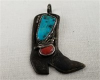 Sterling Boot Pendant W/ Turquoise 2" X 1"