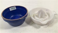 Milk glass reamer & Clay City pottery bowl