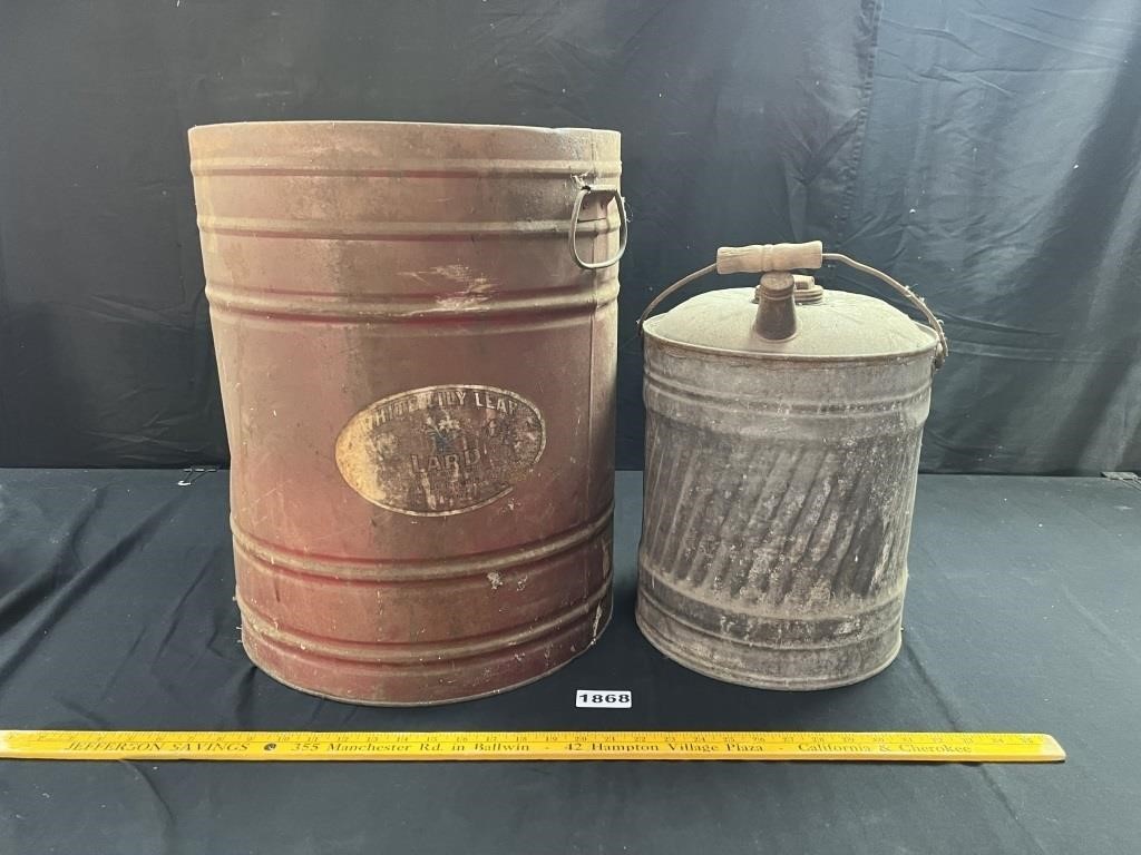 White Lilly Leaf Lard Can, Galvanized Gas Can