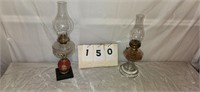 2 Glass Oil Lamps 1 has Wood Base