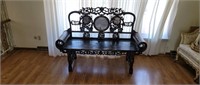 Zitan Wood Heavily Carved Marble Inlaid Bench