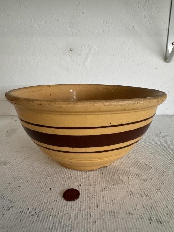 Antique 11" Yelloware Brown Striped Bowl