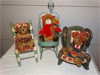 Three doll chairs, one metal, with a bear for