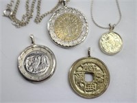 (4) Foreign Coin Pendants & Two Chains