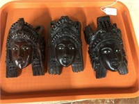 Three Carved Balinise Woman Heads, 6 1/2"h