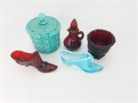 Blue and red glass collectibles